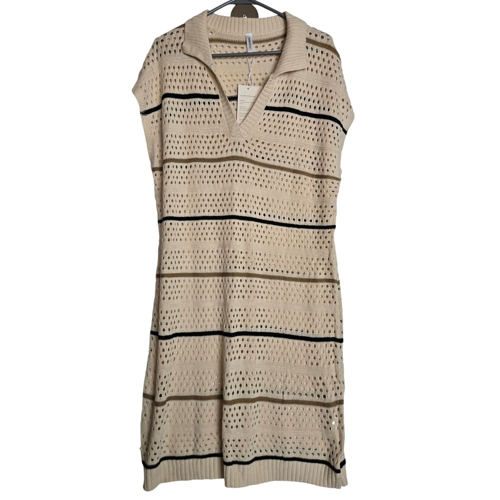 Dokotoo Cream Striped Crochet Knit Sleeveless Polo Neck Beach Cover Up Dress NEW